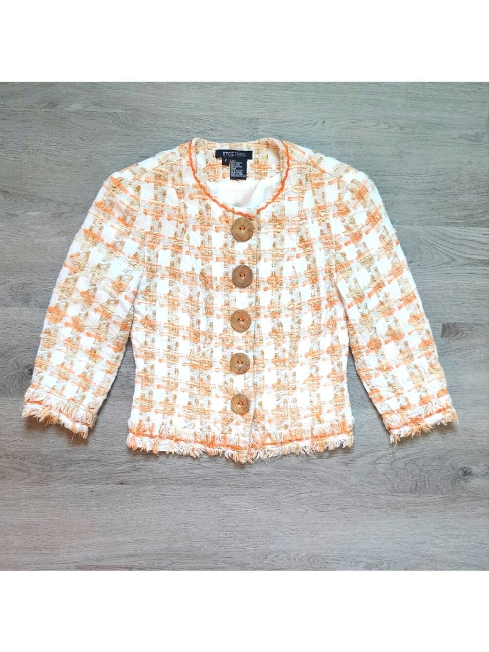 ETCETERA Women's Vintage Button Down Linen Plaid Fringe Blazer Jacket Size 2
